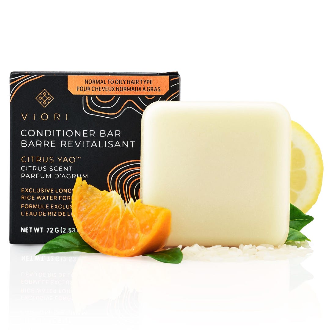 VIORI Citrus Yao Shampoo & Conditioner Bar Set Mit Bambus-Halter – Feste Shampoos, Sulfatfrei, Vegan, Mit Reiswasser Für Haarwachstum, Inkl. Halter Aus Bambus