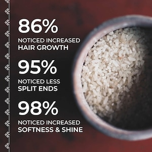 May include: A dark container filled with white rice grains next to white text stating 86% NOTICED INCREASED HAIR GROWTH, 95% NOTICED LESS SPLIT ENDS, and 98% NOTICED INCREASED SOFTNESS & SHINE, with a vertical decorative border on the left side.