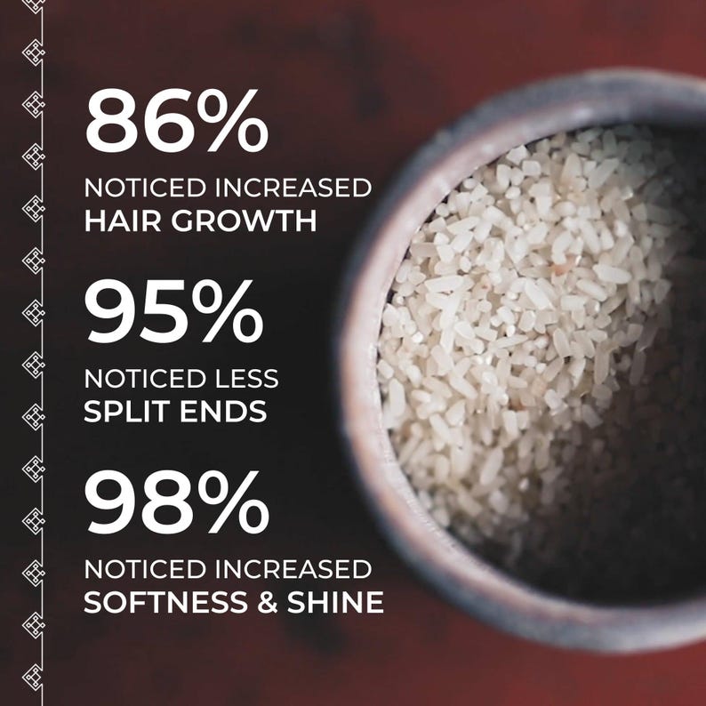 May include: A dark container filled with white rice grains next to white text stating 86% NOTICED INCREASED HAIR GROWTH, 95% NOTICED LESS SPLIT ENDS, and 98% NOTICED INCREASED SOFTNESS & SHINE, with a vertical decorative border on the left side.