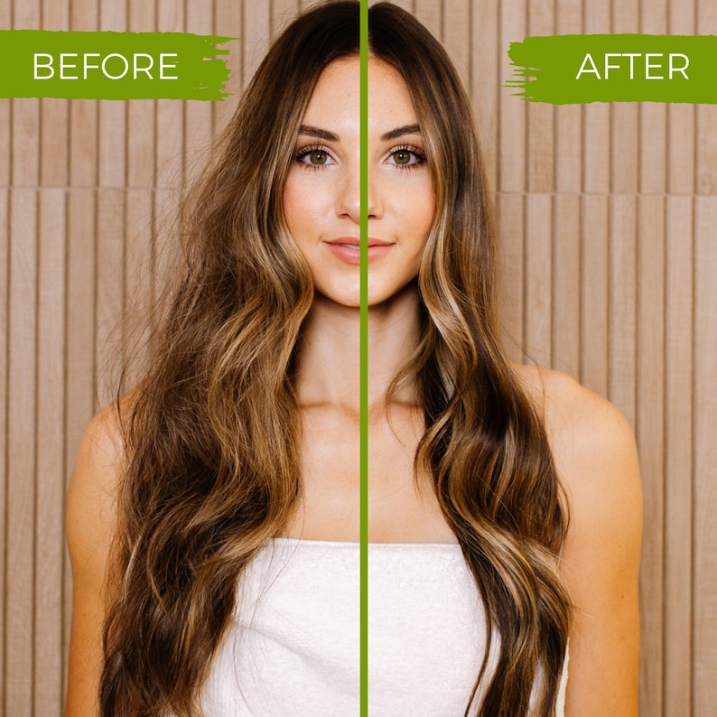 May include: A split-screen comparison showing long, wavy brown hair with highlights. The left side labeled BEFORE displays hair with a frizzy, textured appearance. The right side labeled AFTER shows the same hair with a smooth, sleek finish.