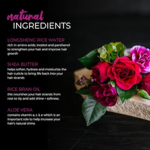 May include: A graphic with the text natural INGREDIENTS listing Longsheng rice water, shea butter, rice bran oil, and aloe vera with their benefits. To the right, a cluster of vibrant red and pink roses with green leaves rests on a stone block.