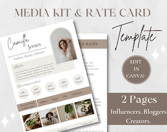 2 Page Media Kit & Rate Card Template | Instagram Influencer, Blogger Media Kit, Rate Sheet Template, Canva Template, Social Media Kit