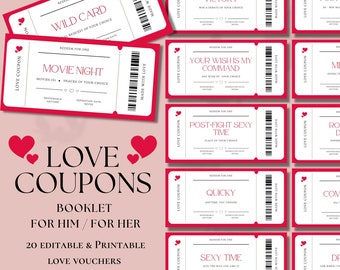 Printable Love Coupons Book for Her for Him, Customizable Valentines Day Coupon, Gift for him, Husband Gift, Anniversary Gift, Love Vouchers