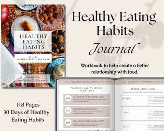 May include: A 118-page journal with a pink and white cover featuring a bowl of fruit. The journal is titled "Healthy Eating Habits" and is a 30-day guided reset journal. The inside pages feature a daily food log and mindful eating tips.