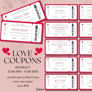 Libro de cupones de amor imprimible para ella y para él, cupón personalizable para el día de San Valentín, regalo para él, regalo para el esposo, regalo de aniversario, vales de amor