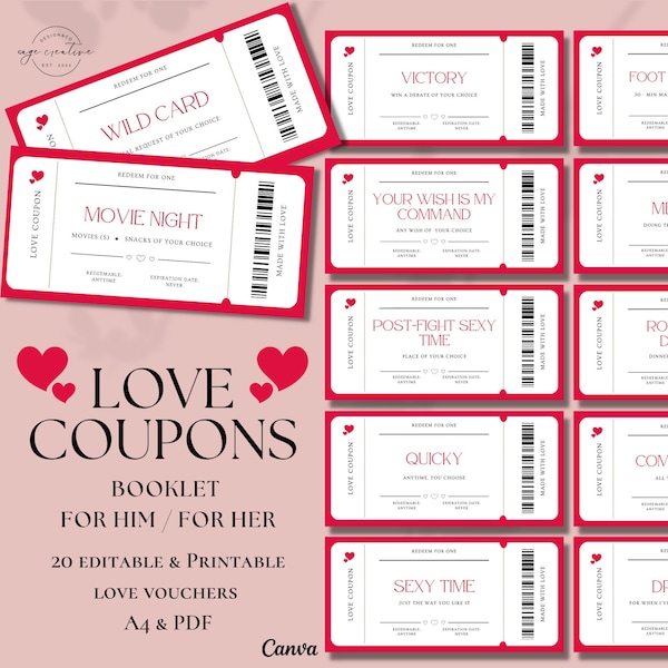 Printable Love Coupons Book for Her for Him, Customizable Valentines Day Coupon, Gift for him, Husband Gift, Anniversary Gift, Love Vouchers