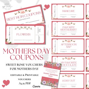 Modèle de livre de coupons de maman modifiable pour l&#39;idée de cadeau de la fête des mères, coupons imprimables pour la femme, cadeau de babysitting personnalisé pour la fête des mères Rosa