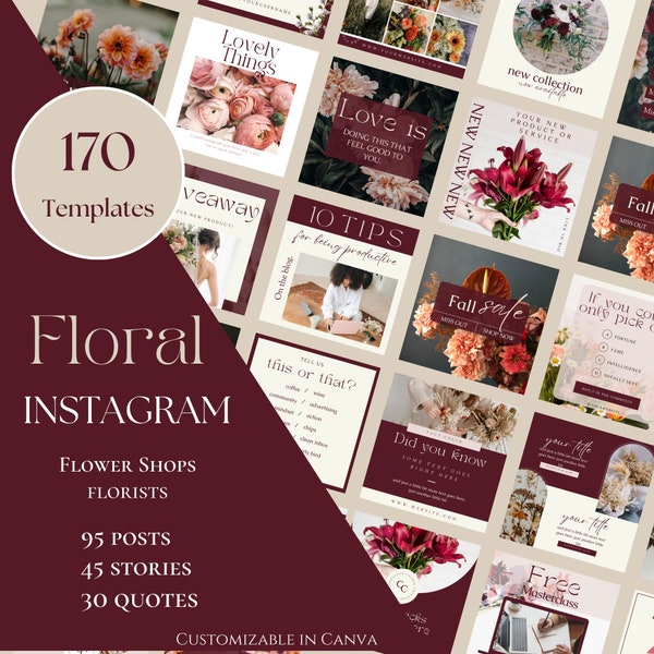 170 Floral Instagram Post Templates, Flower Shops, Florist Templates, Flower Shop Wedding Bouquets, Canva Templates, Florist Social Media