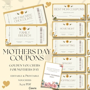 Editable Mom Coupon Book Template for Mothers Day Gift Idea, Printable Coupons for Wife, Personalized Golden Mother's Day Babysitting Gift