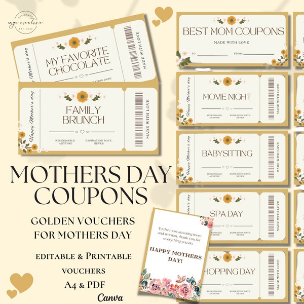 Editable Mom Coupon Book Template for Mothers Day Gift Idea, Printable Coupons for Wife, Personalized Golden Mother's Day Babysitting Gift