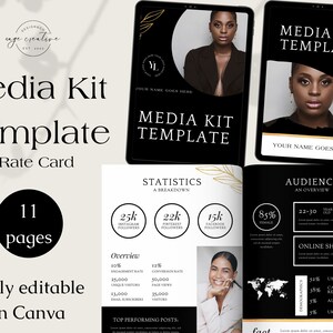 May include: A black and gold media kit template with 11 pages, fully editable in Canva. The template includes statistics, audience demographics, and top performing posts. The text "Media Kit Template & Rate Card" is displayed in large, bold font.