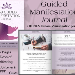 Może przedstawiać: Dziennik manifestacji z fioletowo-białą okładką, z tekstem "369 Guided Manifestation Journal". Dziennik zawiera 136 stron na 99 dni manifestowania, plus dodatkowy dziennik wizualizacji snów. Dostępny w formatach A4, A5, US Letter i PDF.