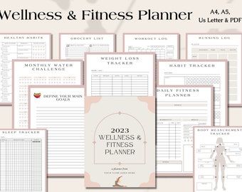 Planificador de pérdida de peso de bienestar y fitness imprimible, planificador de fitness digital, seguimiento de entrenamiento en PDF, registro de ejercicio, plan de comidas, seguimiento de hábitos