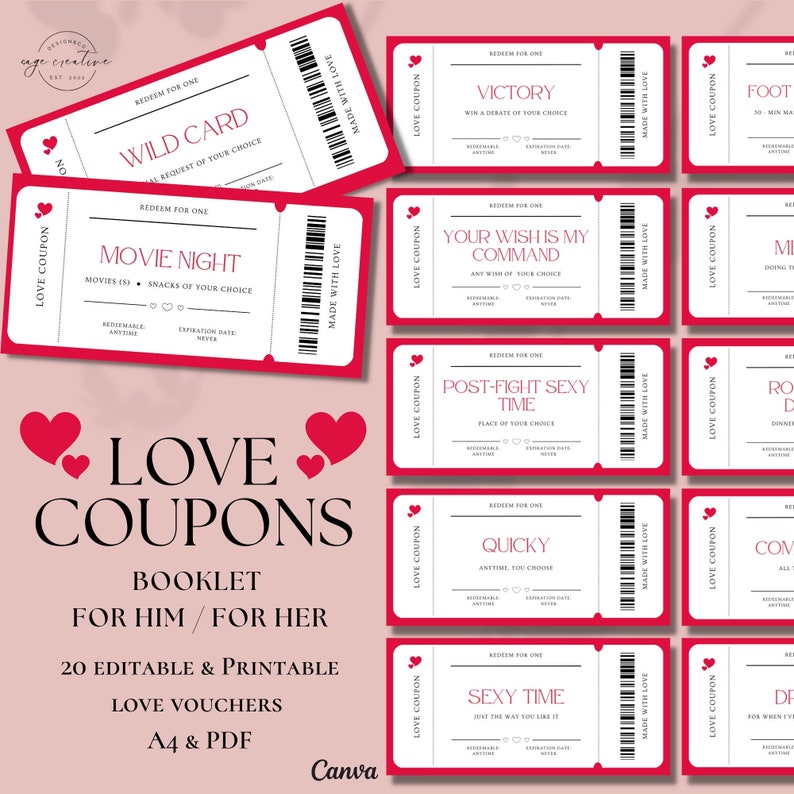 Printable Love Coupons Book for Her for Him Customizable Valentines
