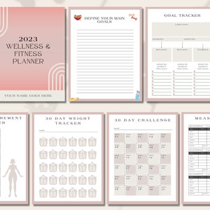 May include: A wellness and fitness planner with a pink and white design. The planner includes sections for goal tracking, body measurements, and a 30-day weight tracker. The cover reads "2023 Wellness & Fitness Planner" with space for a name.