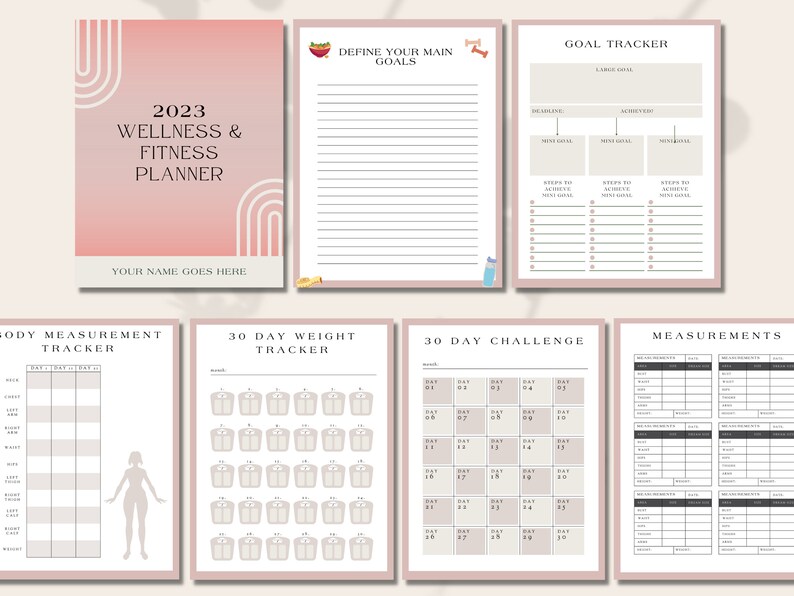 May include: A wellness and fitness planner with a pink and white design. The planner includes sections for goal tracking, body measurements, and a 30-day weight tracker. The cover reads "2023 Wellness & Fitness Planner" with space for a name.