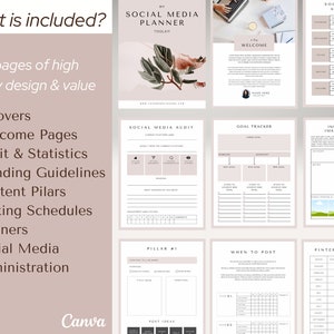 May include: A digital planner for social media with 61 pages. The planner includes sections for social media accounts, a social media audit, goal tracking, inspiration and image resources, content pillars, posting schedules, and a Pinterest tracker. The planner has a pink and brown color scheme with a floral design.