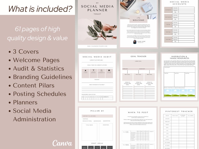 May include: A digital planner for social media with 61 pages. The planner includes sections for social media accounts, a social media audit, goal tracking, inspiration and image resources, content pillars, posting schedules, and a Pinterest tracker. The planner has a pink and brown color scheme with a floral design.