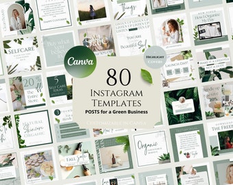 80 Instagram Post Templates Wellness & Natural Skincare, Organic Green Business, Coaching Instagram Template, Healthy Lifestyle IG, Greenery