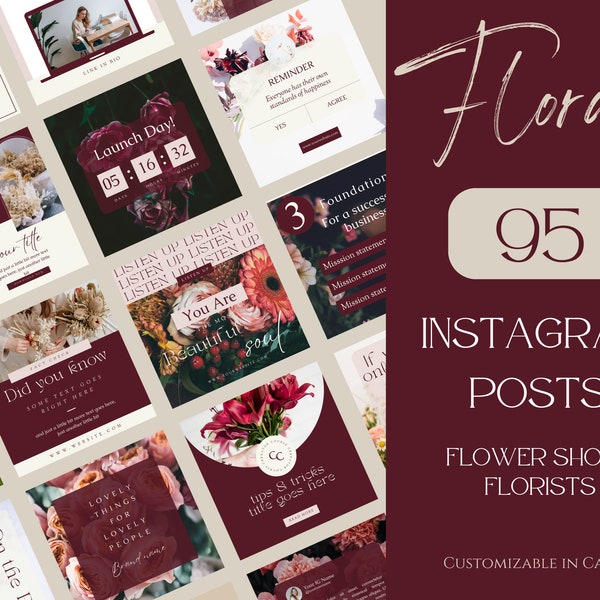 95 Floral Instagram Post Templates, Flower Shops, Florist Templates, Flower Shop Wedding Bouquets, Canva Templates, Florist Social Media