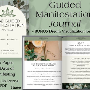 Może przedstawiać: Zielono-biała okładka dziennika z tekstem "369 Guided Manifestation Journal" i "99 Days of Manifesting". Dziennik jest otwarty na stronie z tekstem "Avoid Self-Sabotage When Manifesting" i listą wskazówek dotyczących manifestacji.