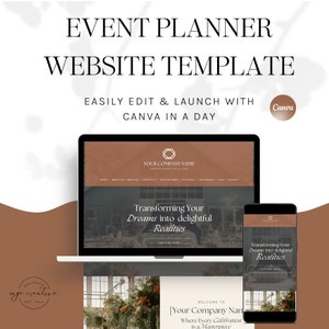 May include: A laptop and smartphone display a website template for event planners. The website design features a brown and white color scheme with the text "EVENT PLANNER WEBSITE TEMPLATE" and "EASILY EDIT & LAUNCH WITH CANVA IN A DAY."