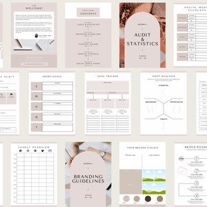 May include: A social media planner with a beige background and black text. The planner includes sections for social media audit, smart goals, goal tracker, SWOT analysis, statistics, branding guidelines, your brands visuals, and brand roadmap.