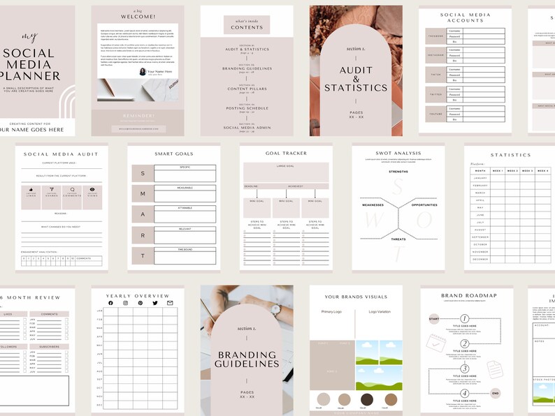 May include: A social media planner with a beige background and black text. The planner includes sections for social media audit, smart goals, goal tracker, SWOT analysis, statistics, branding guidelines, your brands visuals, and brand roadmap.