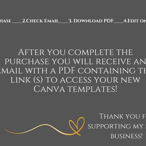 May include: A white text graphic on a dark gray background with instructions for downloading and editing Canva templates. The text reads: "1. PURCHASE 2. CHECK EMAIL 3. DOWNLOAD PDF 4. EDIT ON CANVA AFTER YOU COMPLETE THE PURCHASE YOU WILL RECEIVE AN EMAIL WITH A PDF CONTAINING THE LINK (S) TO ACCESS YOUR NEW CANVA TEMPLATES! THANK YOU FOR SUPPORTING MY SMALL BUSINESS!"