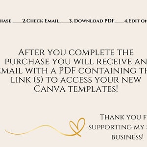 May include: Beige graphic with instructions: Purchase, Check Email, Download PDF, Edit on Canva. Text reads: After purchase, you'll receive an email with a PDF containing links to access your Canva templates. Thank you for supporting my small business!