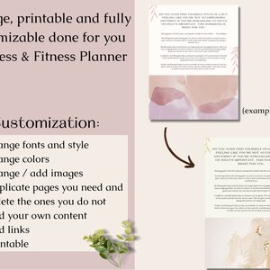 May include: A printable Wellness & Fitness Planner with a soft pink and beige color scheme. The planner is 28 pages and fully customizable. Features include changing fonts, colors, adding images, and adding content. The text reads "DO YOU EVER FIND YOURSELF STUCK IN A RUT?"