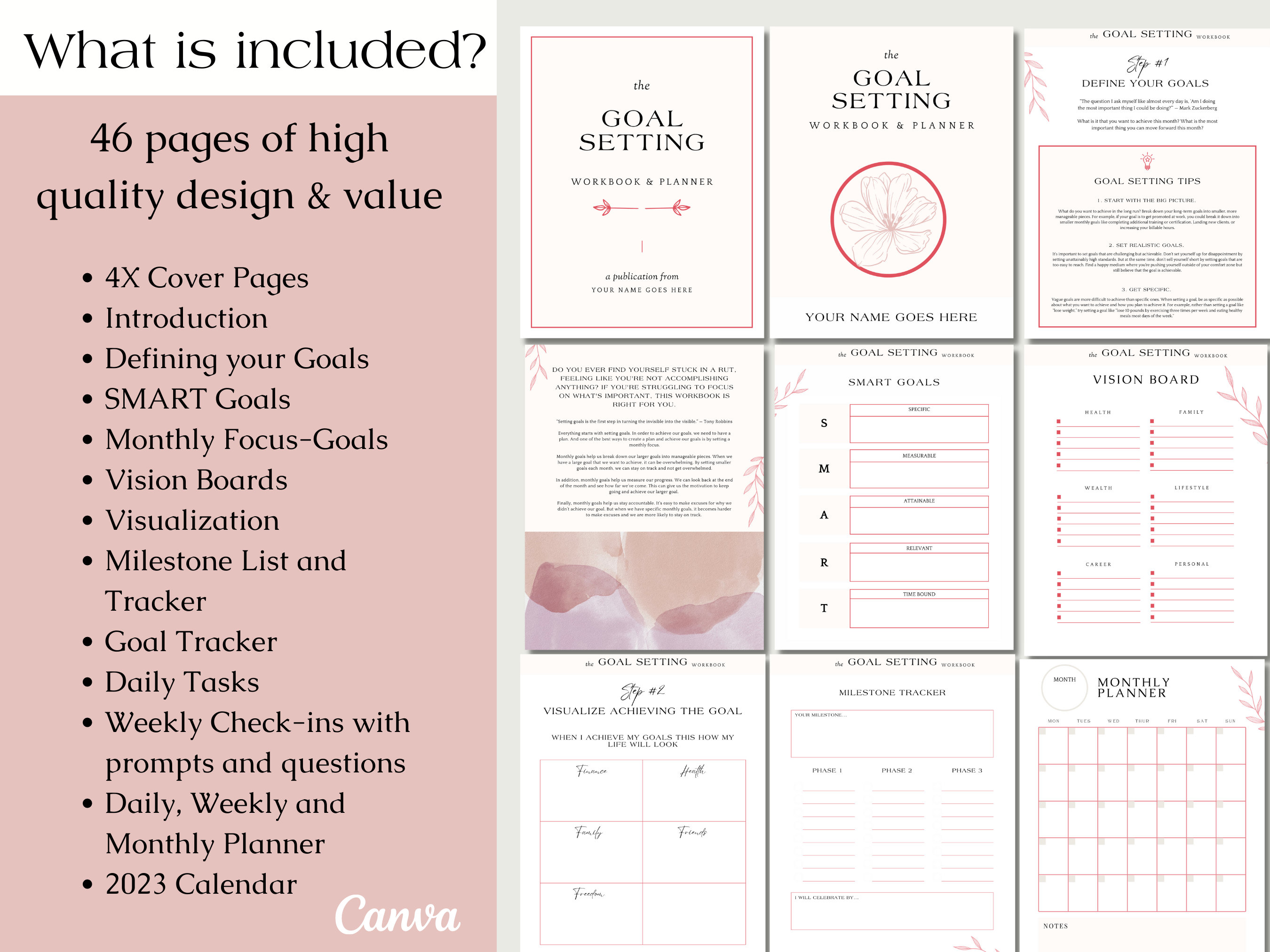 Printable Goal Setting Workbook and Planner Canva Template, Vision ...