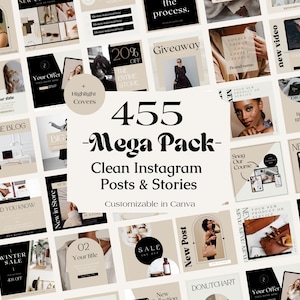 May include: A collage of 455 customizable Instagram post and story templates in a clean aesthetic. The templates feature a neutral color palette of beige, black, and white with text overlays. The text includes phrases like "Focus on you", "New in Store", "Giveaway", "Your Offer", "On the Blog", "Did You Know", "Winter Sale", "New Post", "Your Title", "Sale", "New Collection", "Donut Chart", "Checklist", "Tips & Tricks", "New Blog", "Your New Product or Service", and "Snog Our Course".