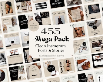 455 Clean Instagram Post Template Mega Bundle for Business and Coaches, Black and White Aesthetic, Minimalist Neutral Story and Reel Covers