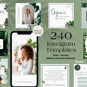May include: A collection of 240 Instagram templates for wellness and green businesses. The templates include posts and stories with a clean, minimalist design, featuring images of skincare products, botanical elements, and inspirational quotes.