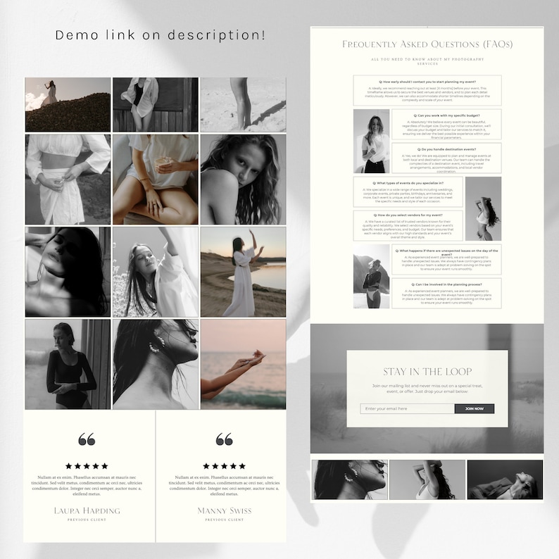 May include: A collage of images featuring a woman in various poses, with a text overlay that reads "Demo link on description!" and "Frequently Asked Questions (FAQs)". The text "Stay in the Loop" is also visible, along with a form to enter an email address.