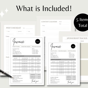 May include: A set of five printable business templates, including a post checklist, content calendar, invoice, sponsorship tracker, and a blank page. The templates are designed in a minimalist style with black text on a white background.