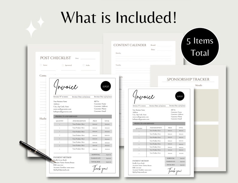 May include: A set of five printable business templates, including a post checklist, content calendar, invoice, sponsorship tracker, and a blank page. The templates are designed in a minimalist style with black text on a white background.