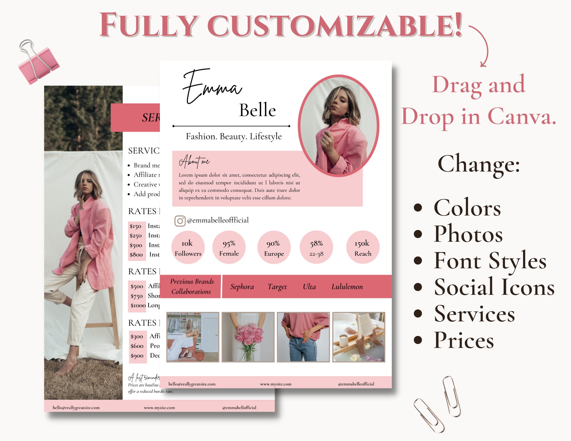 2 Page Media Kit & Rate Card Template | Instagram Influencer, Blogger ...