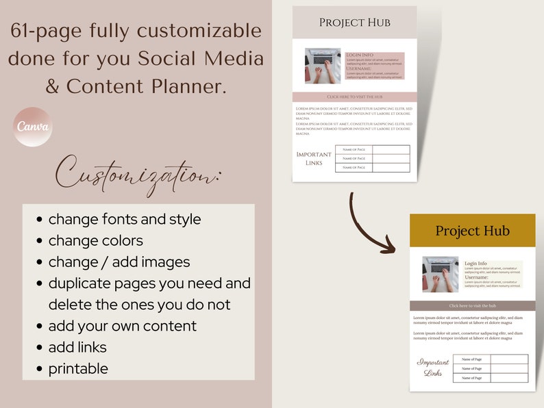 May include: A 61-page customizable social media and content planner with a beige background. The planner includes sections for important links, login info, and a project hub. The text "Customization" is written in cursive with a list of features: change fonts and style, change colors, change/add images, duplicate pages you need and delete the ones you do not, add your own content, add links, and printable.