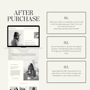 May include: A graphic with the text "After Purchase" in large, bold letters. Below the text is a screenshot of a website with the text "Ophelia" and "Seeing You Through My" in the header. The graphic also includes three numbered steps for downloading digital products after purchase. The steps include downloading files from Etsy, accessing the product through a desktop Etsy account, and downloading instructions and opening templates in Canva.