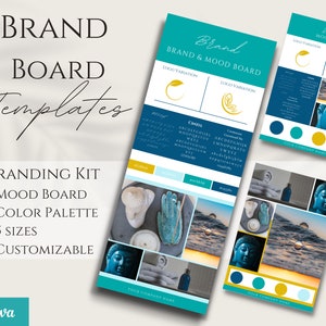 Modèle de tableau de marque | Planche d&#39;humeur | Trousse de marque | Conseil de style de marque | Forfait de marque, modèle Canva, création de logo, palette de couleurs