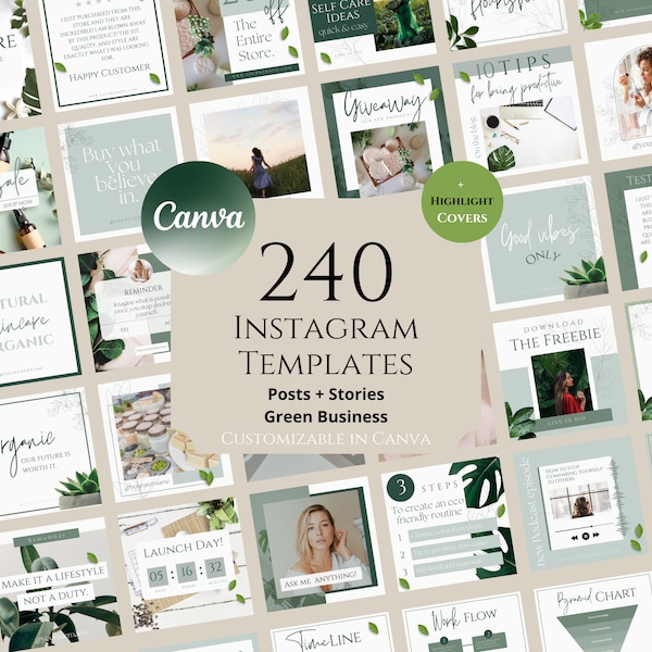 240 Natural Skincare & Wellness Instagram Post Templates, Instagram Story, Coaching Instagram Template, Green Healthy Lifestyle IG, Greenery