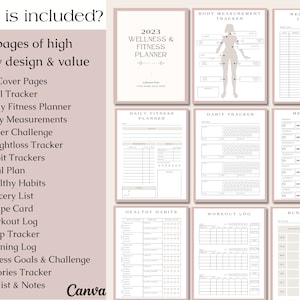 May include: A wellness and fitness planner with a soft pink and white design. The planner includes 28 pages with trackers for goals, daily fitness, body measurements, water intake, weight loss, habits, meal plans, and more. Text on the image reads "2023 Wellness & Fitness Planner."