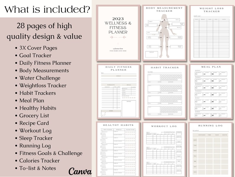 May include: A wellness and fitness planner with a soft pink and white design. The planner includes 28 pages with trackers for goals, daily fitness, body measurements, water intake, weight loss, habits, meal plans, and more. Text on the image reads "2023 Wellness & Fitness Planner."