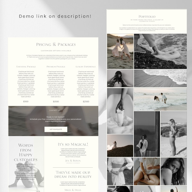 May include: A website screenshot for a wedding planning company. The website features a pricing table with three different packages: Essential, Premium, and Luxury. The website also includes testimonials from happy customers and a portfolio of images.