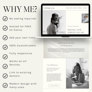 May include: A website mockup with a white background and a black and white photo of a woman. The text "WHY ME?" is in large, bold letters at the top of the page. Below the text are a series of checkmarks with text describing the benefits of using the website. The text "SEEING YOU THROUGH MY" is in large, bold letters at the top of the website mockup. The text "LET'S TRANSLATE YOUR STORY INTO VISUALS" is in smaller letters below the large text. The text "I'M OPHELIA" is in large, bold letters at the bottom of the website mockup. The text "PHOTOGRAPHER & WORLD TRAVELLER CAPTURING BEAUTIFUL HUMANS WORLDWIDE" is in smaller letters below the large text. The text "LETS TELL YOUR STORY" is in smaller letters at the bottom of the website mockup.