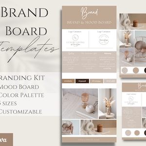Modèle de tableau de marque | Planche d&#39;humeur | Trousse de marque | Conseil de style de marque | Forfait de marque, modèle Canva, création de logo, palette de couleurs
