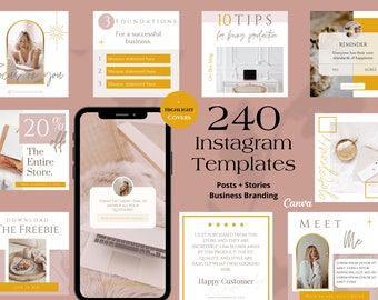 May include: A collection of 240 Instagram templates for business branding. The templates feature a minimalist aesthetic with a peach background and gold accents. The text "240 Instagram Templates" is displayed in a large, bold font. The text "Posts + Stories" is displayed in a smaller font below the main title. The text "Business Branding" is displayed in a smaller font below the subtitle. The text "Canva" is displayed in a smaller font below the business branding text. The templates are designed to help businesses create visually appealing and engaging content for their Instagram accounts.