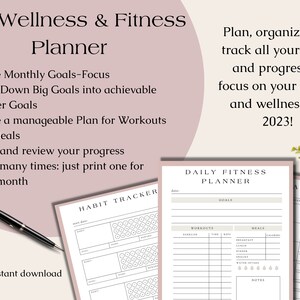 May include: A wellness and fitness planner with a pink and white design. The planner includes sections for daily fitness, habit tracking, and goal setting. Text on the planner reads: "Plan, organize and track all your goals and progress to focus on your health and wellness for 2023!"